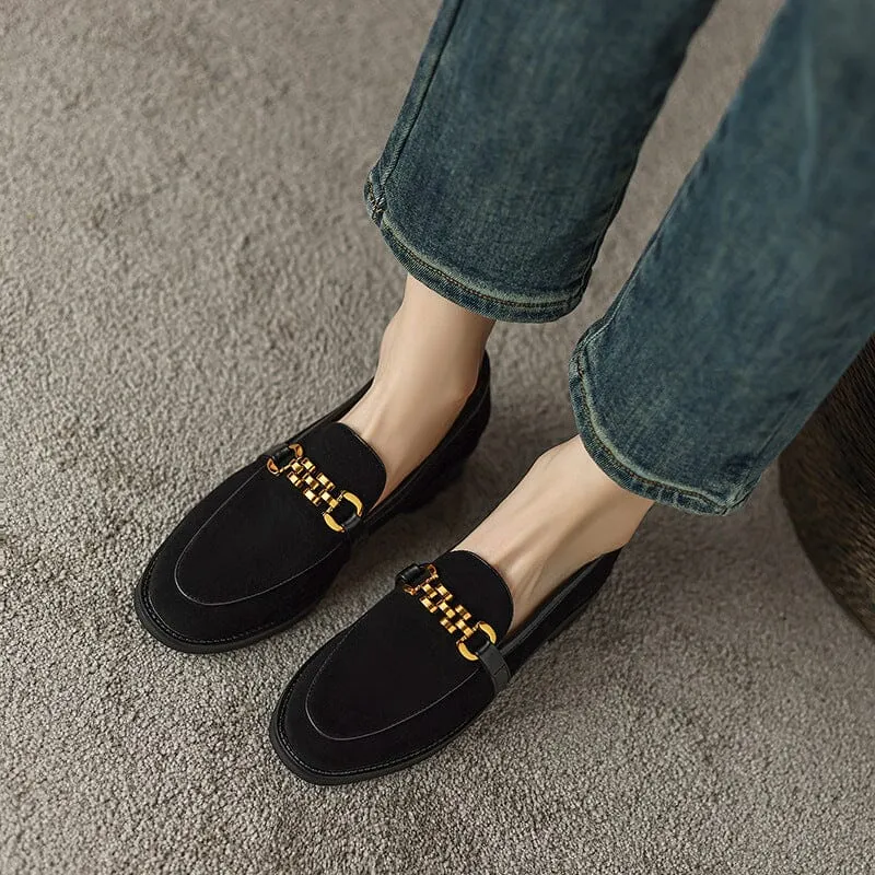 Suede Leather Loafers for Women Round Toe in Coffee/Black