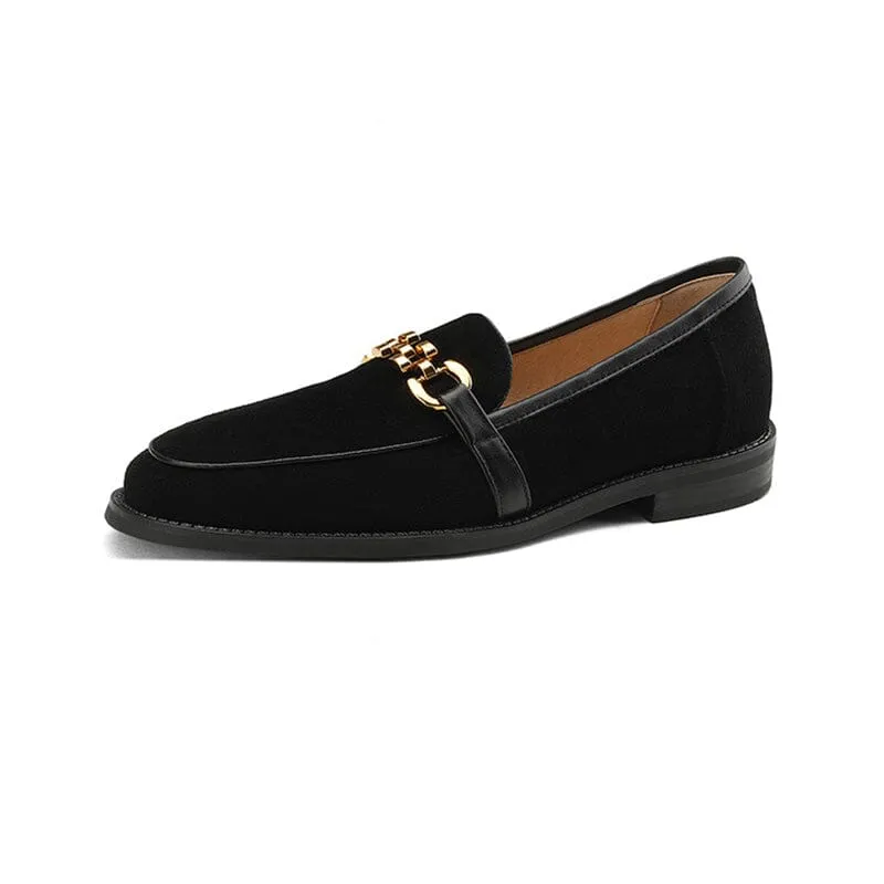 Suede Leather Loafers for Women Round Toe in Coffee/Black