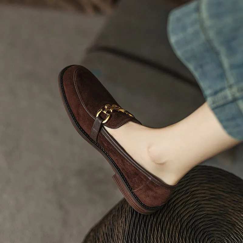 Suede Leather Loafers for Women Round Toe in Coffee/Black