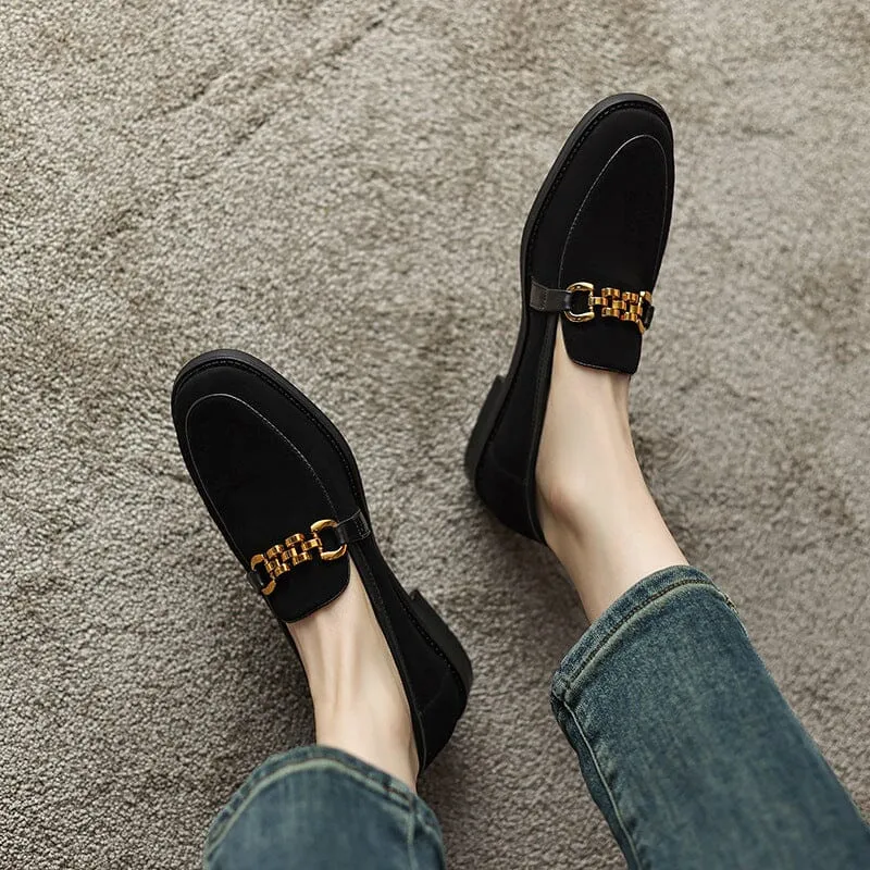 Suede Leather Loafers for Women Round Toe in Coffee/Black