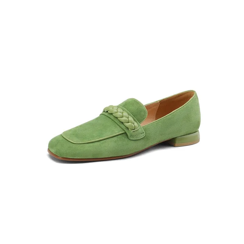 Suede Leather Loafers for Women Weave Details Square Toe in Green/Brown/Black