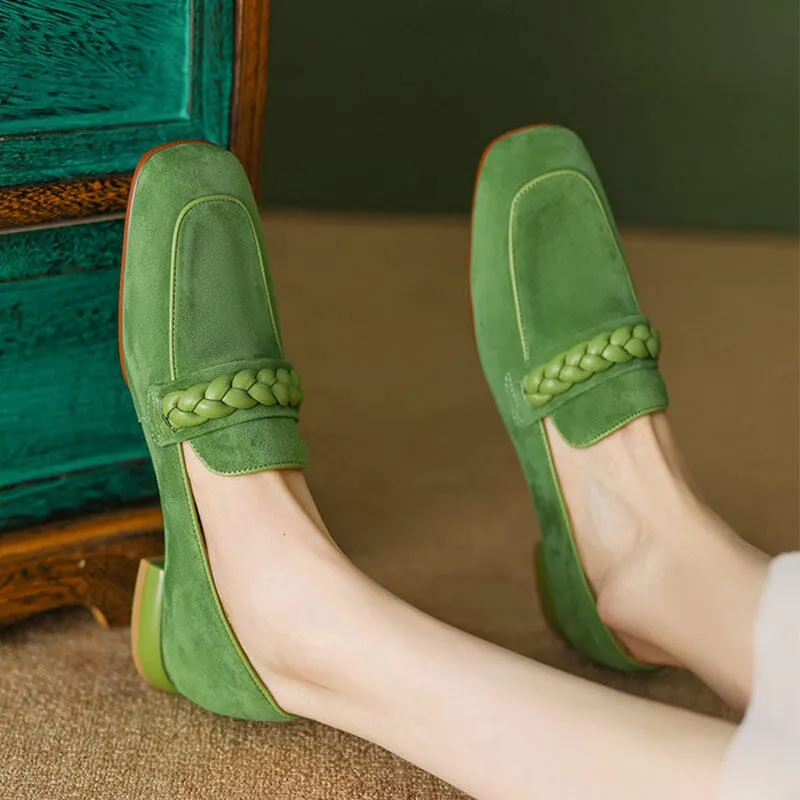 Suede Leather Loafers for Women Weave Details Square Toe in Green/Brown/Black