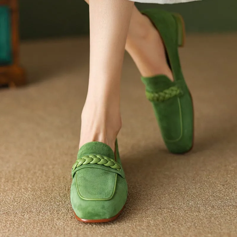 Suede Leather Loafers for Women Weave Details Square Toe in Green/Brown/Black