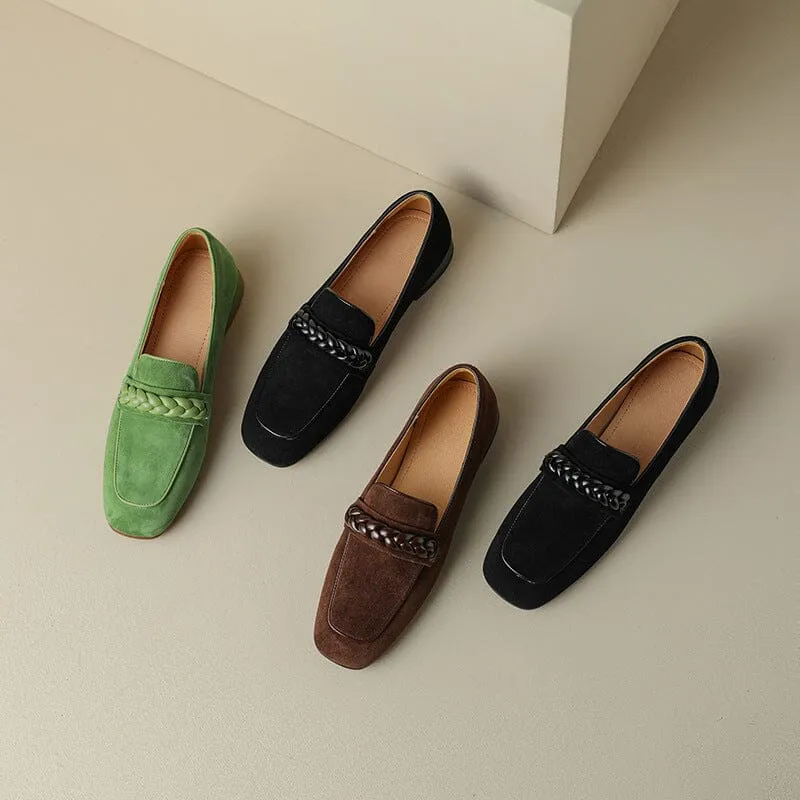 Suede Leather Loafers for Women Weave Details Square Toe in Green/Brown/Black