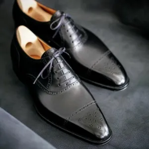 Tailor Made Handmade Shinny Black Calf Leather Lace up Cap Toe Oxford Formal Dress Shoes