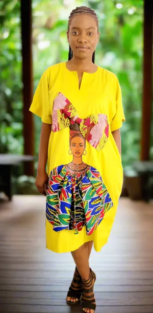 The Ngozi African Woman Face Print With Ankara Headwrap in Yellow