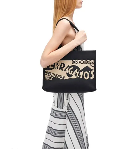 Tote Bag With Logo (M) Fabric and Calfskin Black