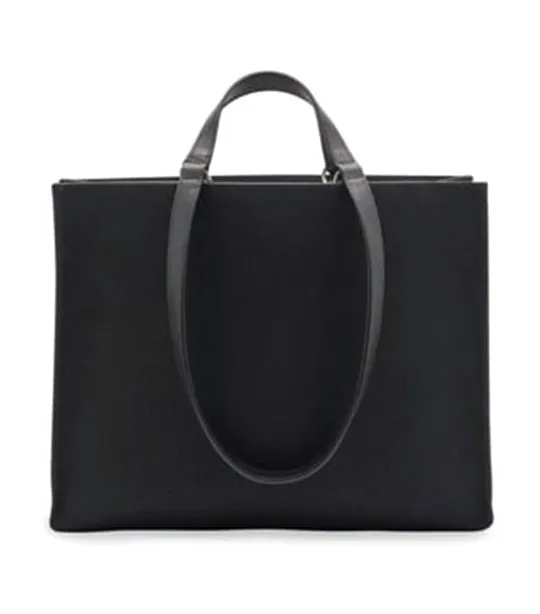 Tote Bag With Logo (M) Fabric and Calfskin Black