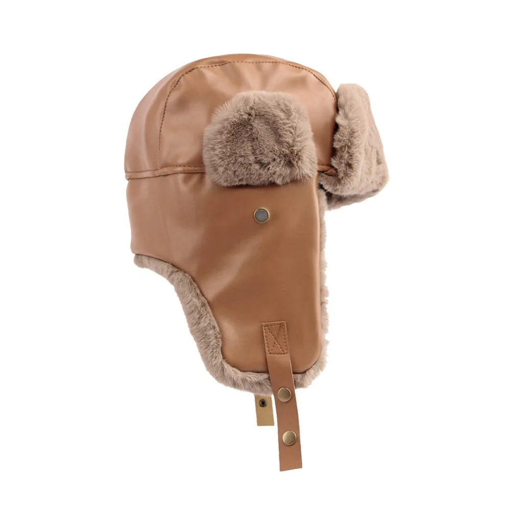 Trapper Russian Hat - Winter Trooper Ski Ear Flap Cap - Faux Leather Aviator Hats YZT0236