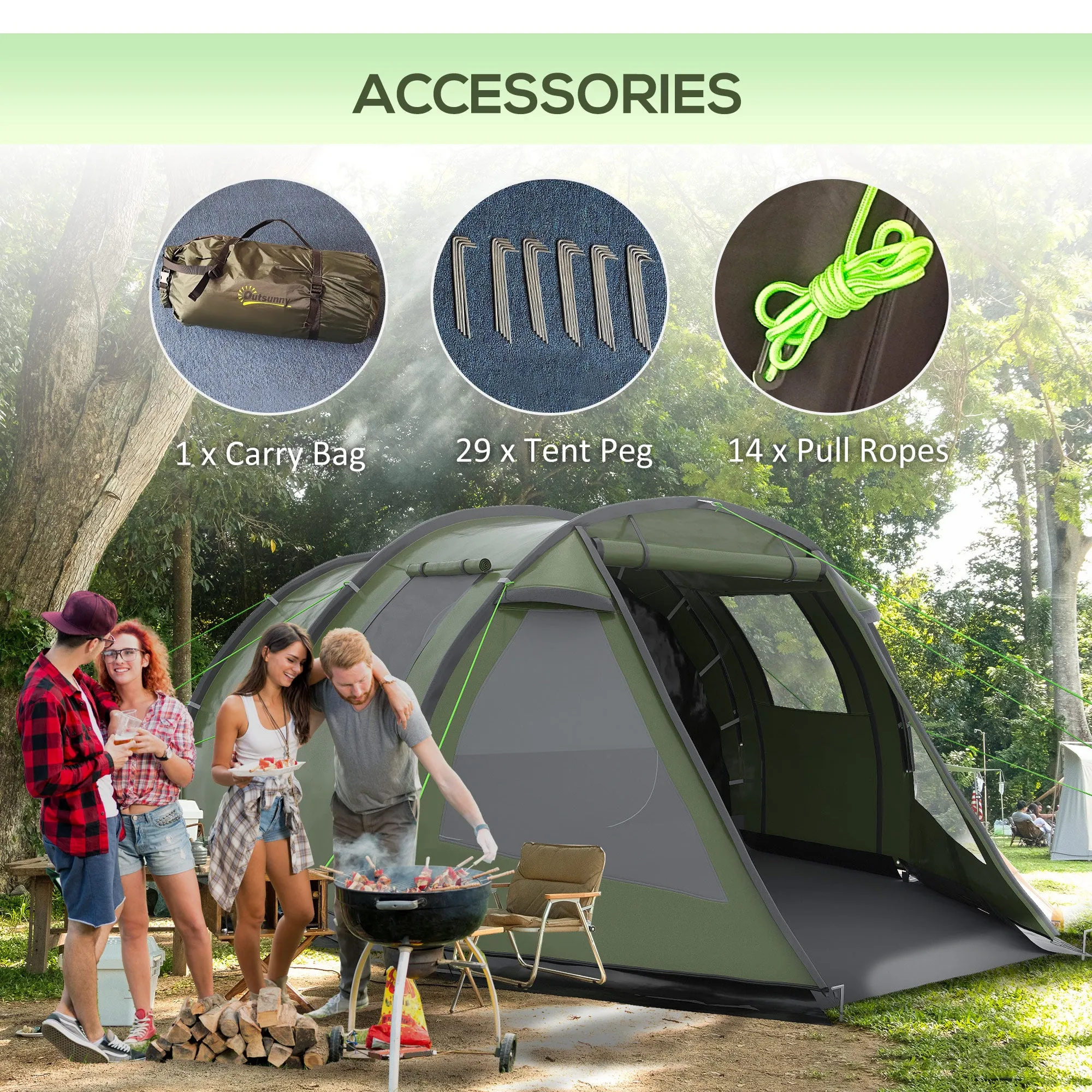 Two Room Tunnel Tent Camping Tent for 3-4 Man with Windows, Covers, Carry Bag, for Fishing, Hiking, Sports, Green