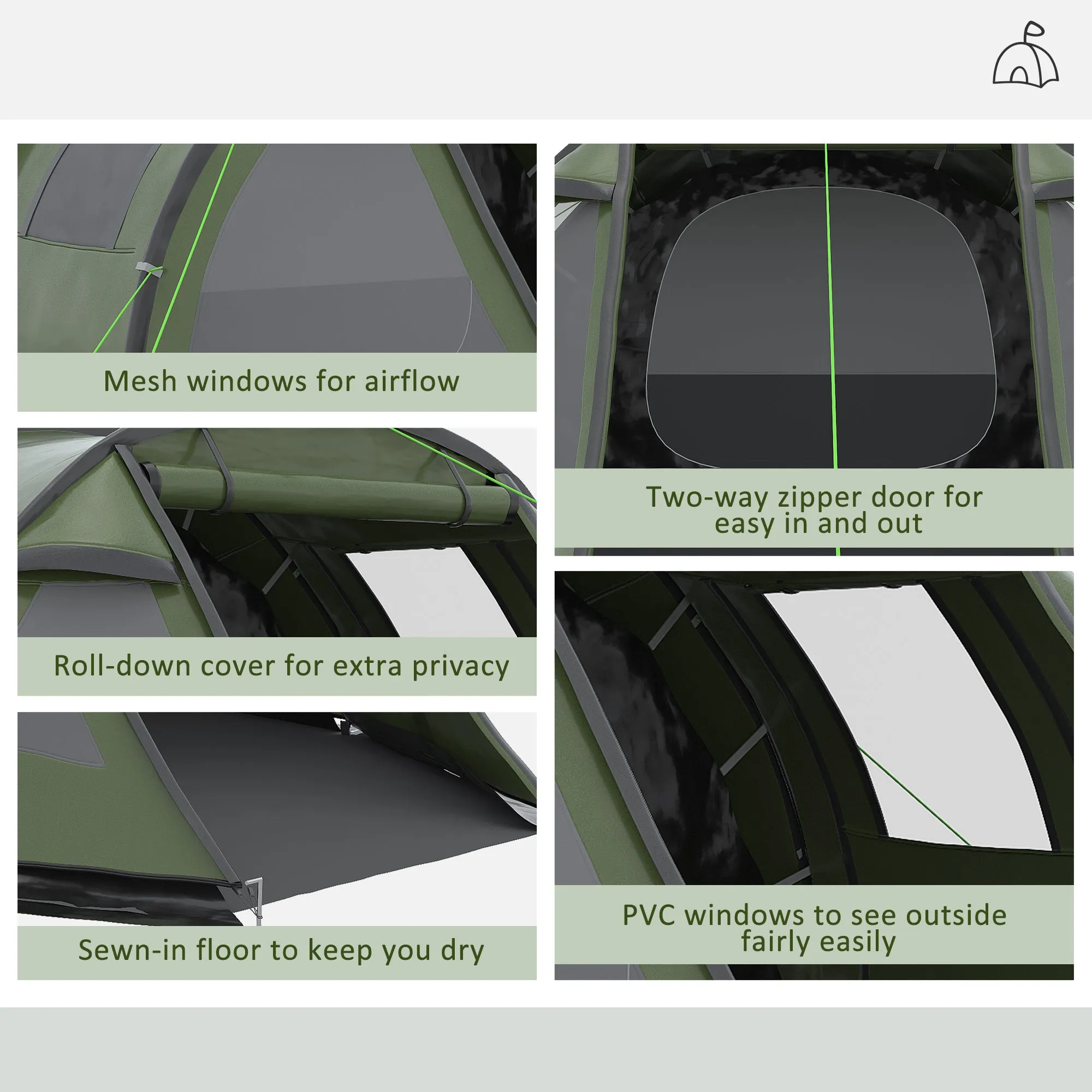 Two Room Tunnel Tent Camping Tent for 3-4 Man with Windows, Covers, Carry Bag, for Fishing, Hiking, Sports, Green