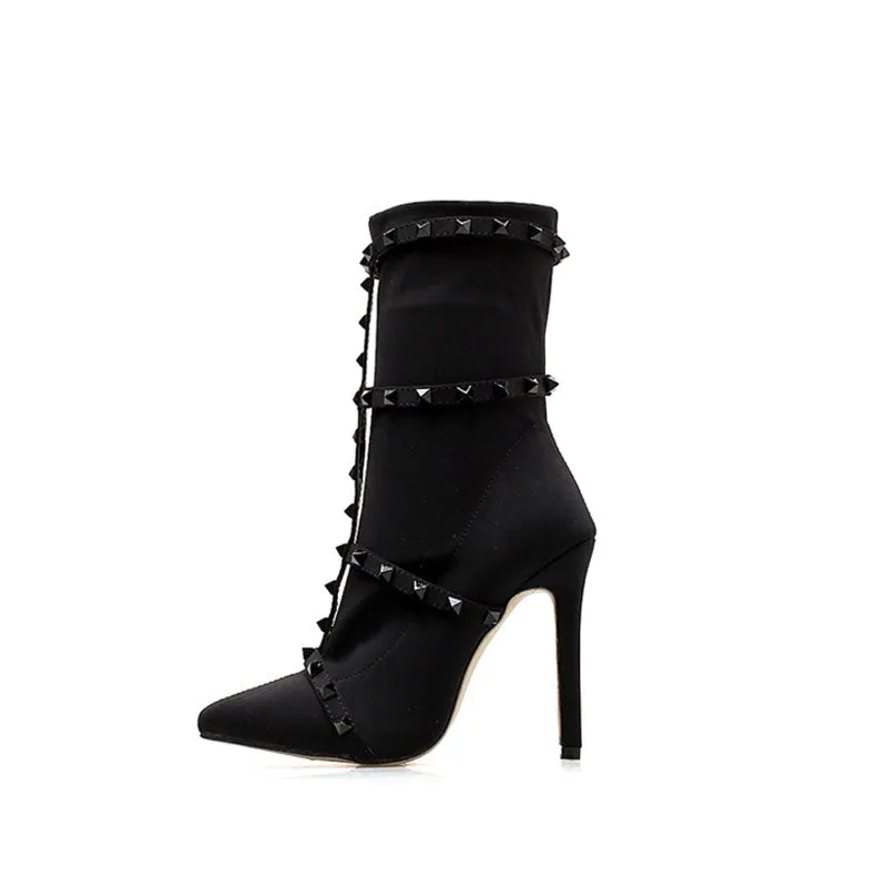 Unique Studs Strap Pointed Toe Stiletto Heel Mid Calf Boots - Black