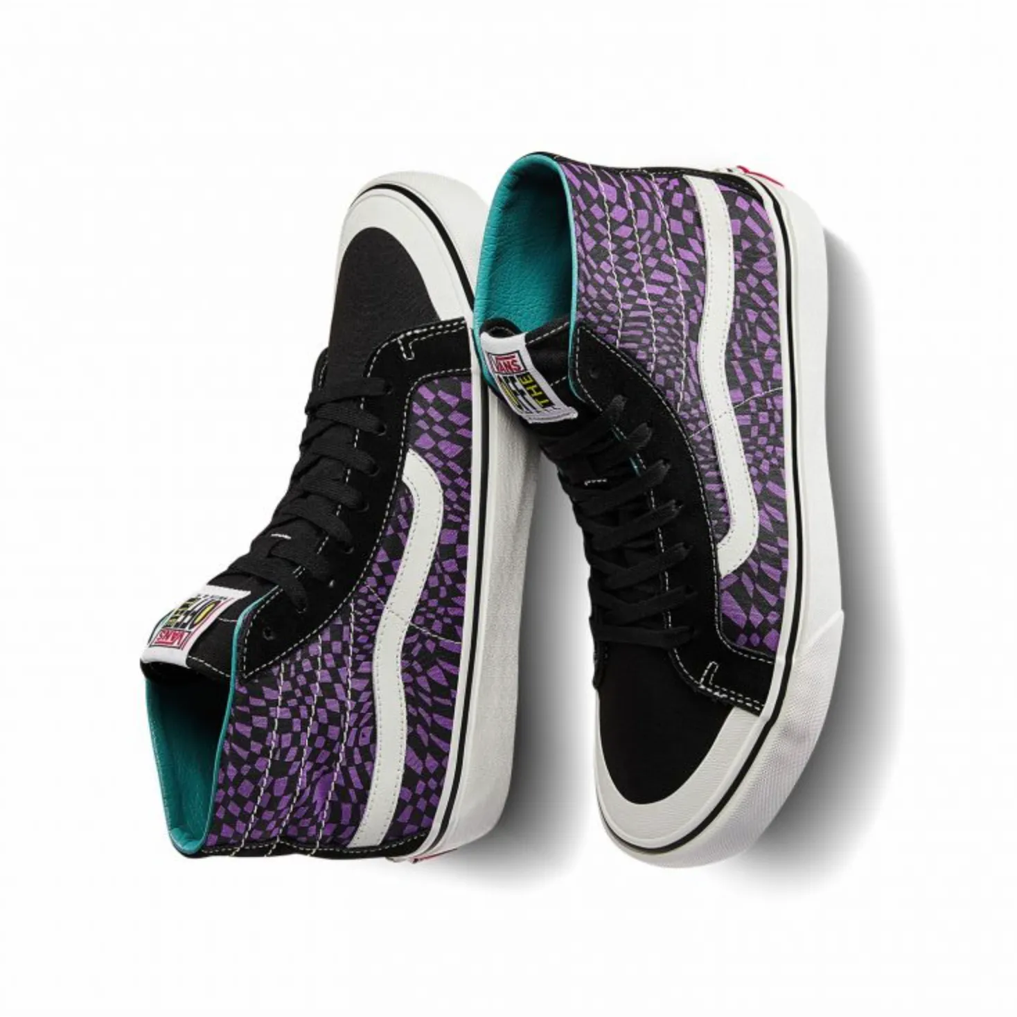 Vans Unisex Sk8 Hi Decon Warped Checkerboard Shoes - Black / Purple / White