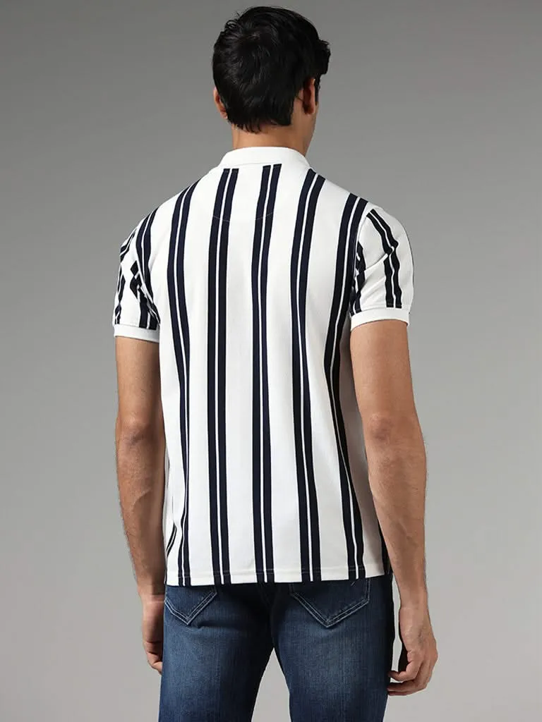 WES Casuals Off White Striped Slim-Fit Polo T-Shirt