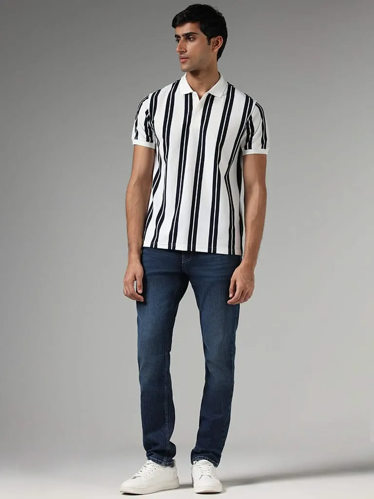 WES Casuals Off White Striped Slim-Fit Polo T-Shirt