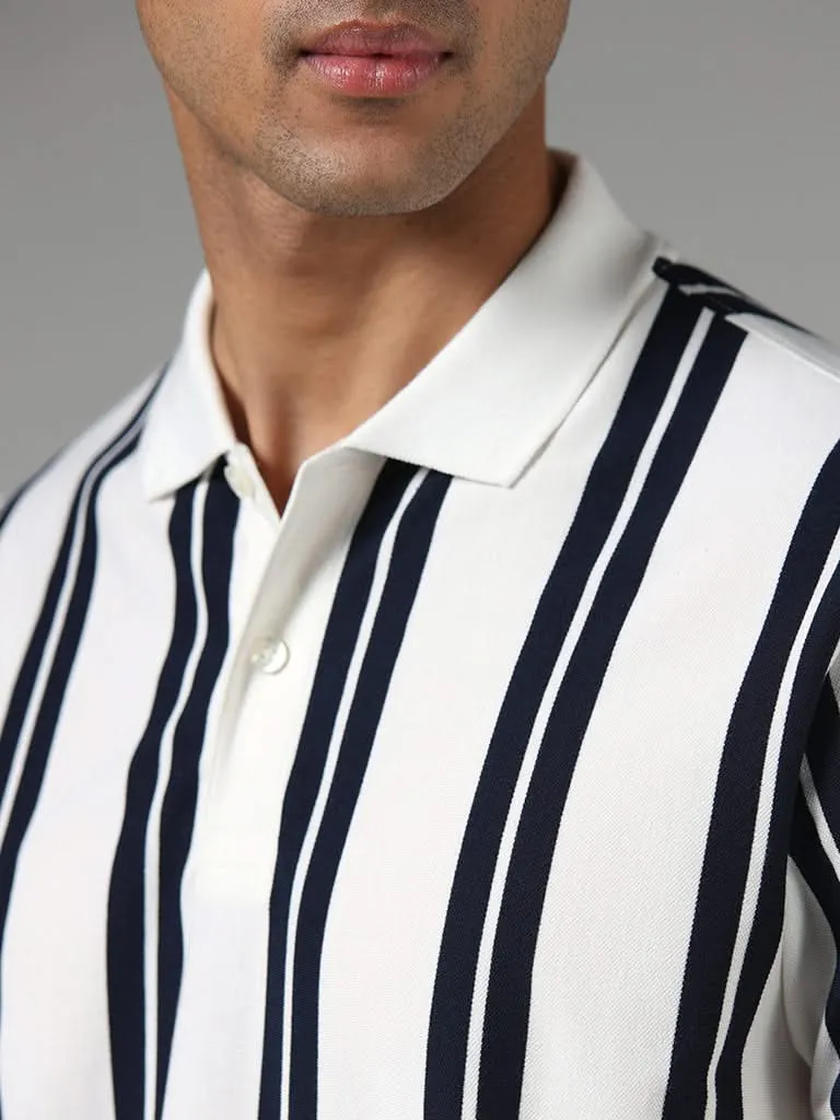 WES Casuals Off White Striped Slim-Fit Polo T-Shirt