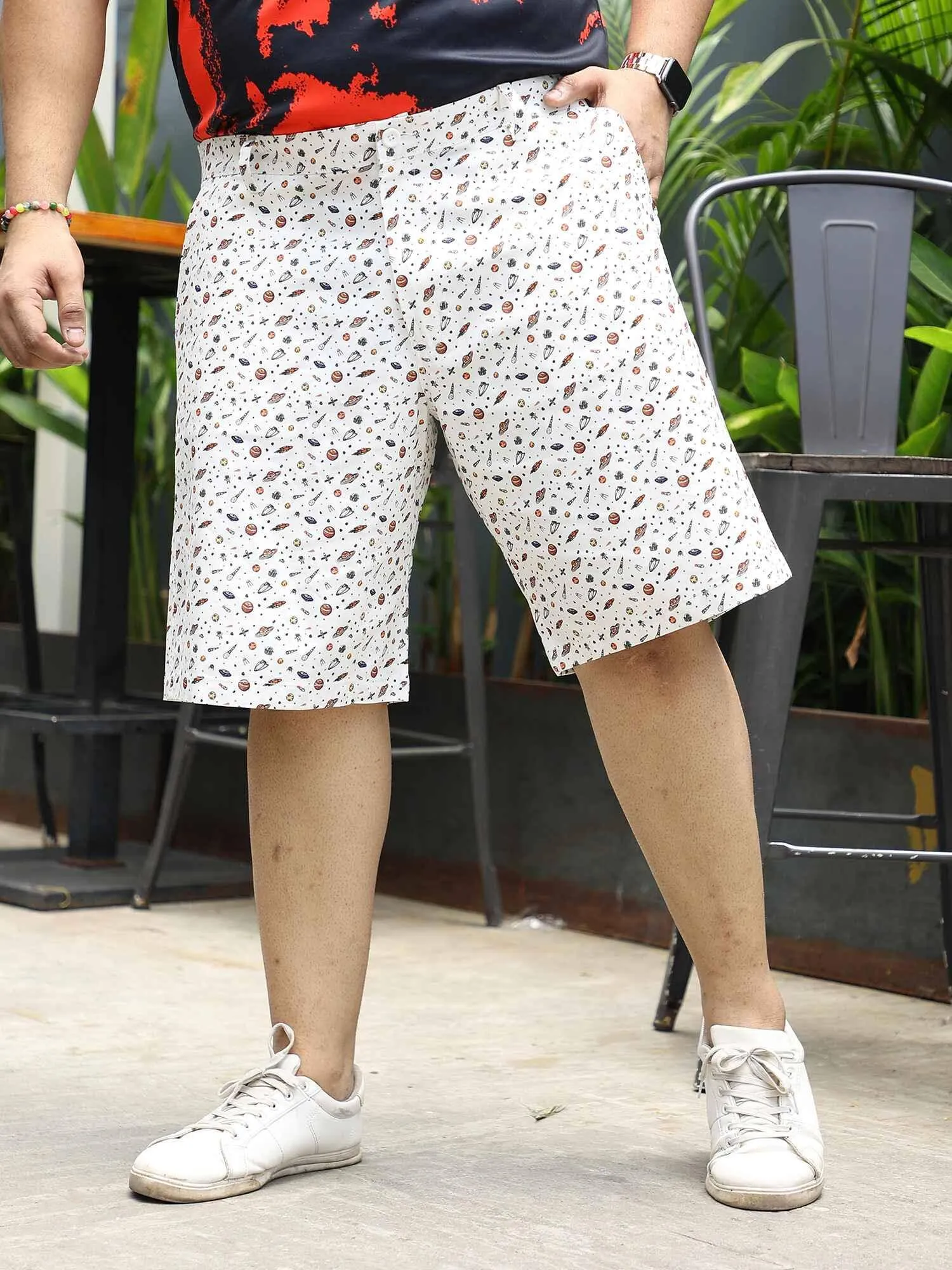 White Printed Shorts Men's Plus Size