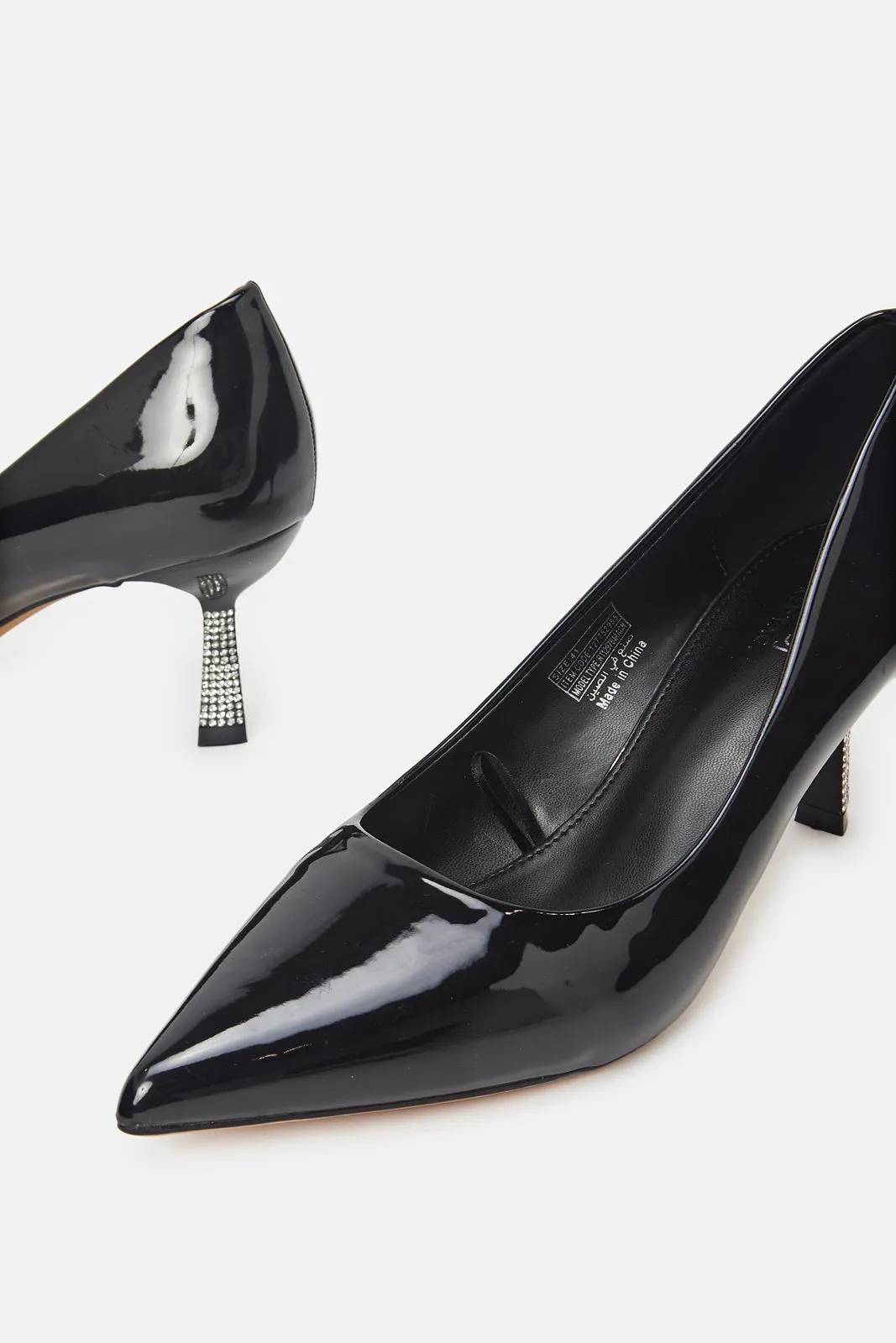 Women Black Court Shoe With Diamante Trim