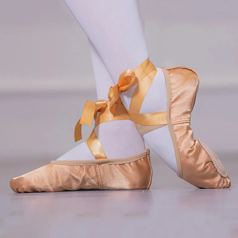 Women Breathable Ballet Shoe Ribbon Splits Shoes Satin Pointe Dance Fashion Bandage Slippers Size 23-42