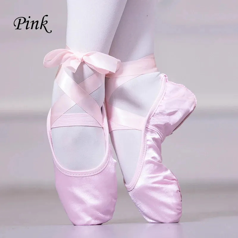 Women Breathable Ballet Shoe Ribbon Splits Shoes Satin Pointe Dance Fashion Bandage Slippers Size 23-42