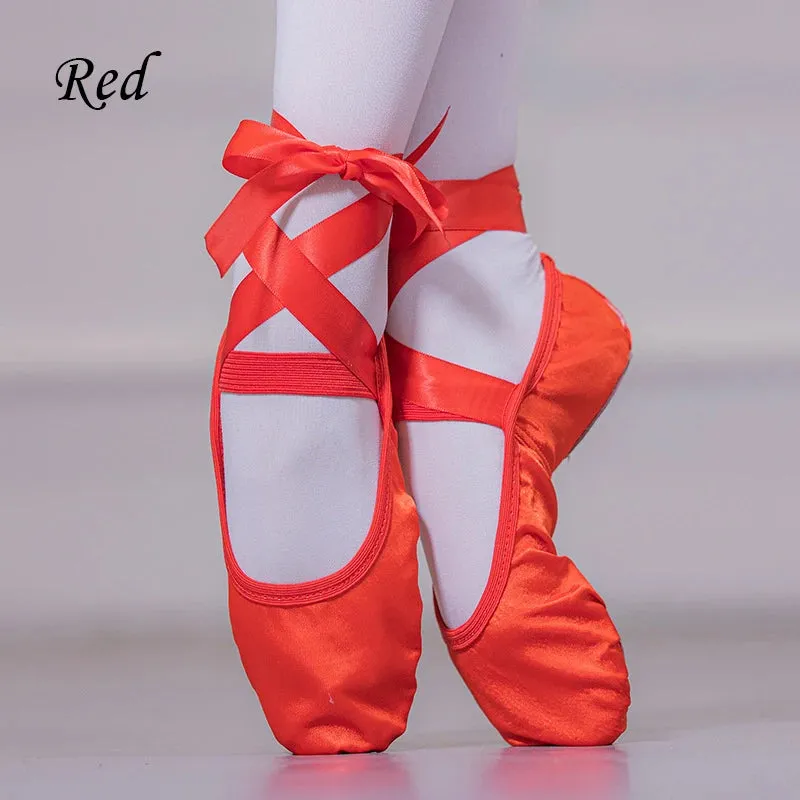 Women Breathable Ballet Shoe Ribbon Splits Shoes Satin Pointe Dance Fashion Bandage Slippers Size 23-42