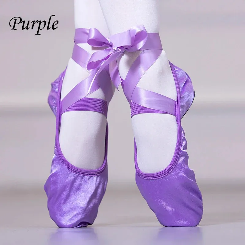 Women Breathable Ballet Shoe Ribbon Splits Shoes Satin Pointe Dance Fashion Bandage Slippers Size 23-42