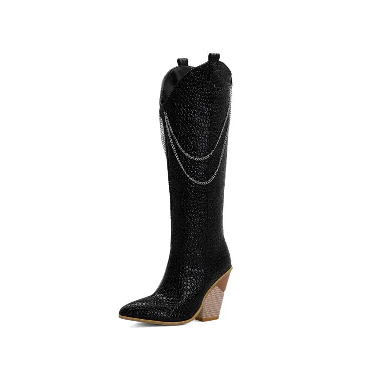 Women's Pointed Toe Metal Chains Block Heel Knee High Boots