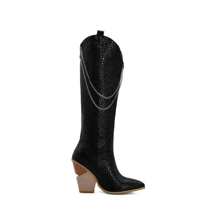 Women's Pointed Toe Metal Chains Block Heel Knee High Boots