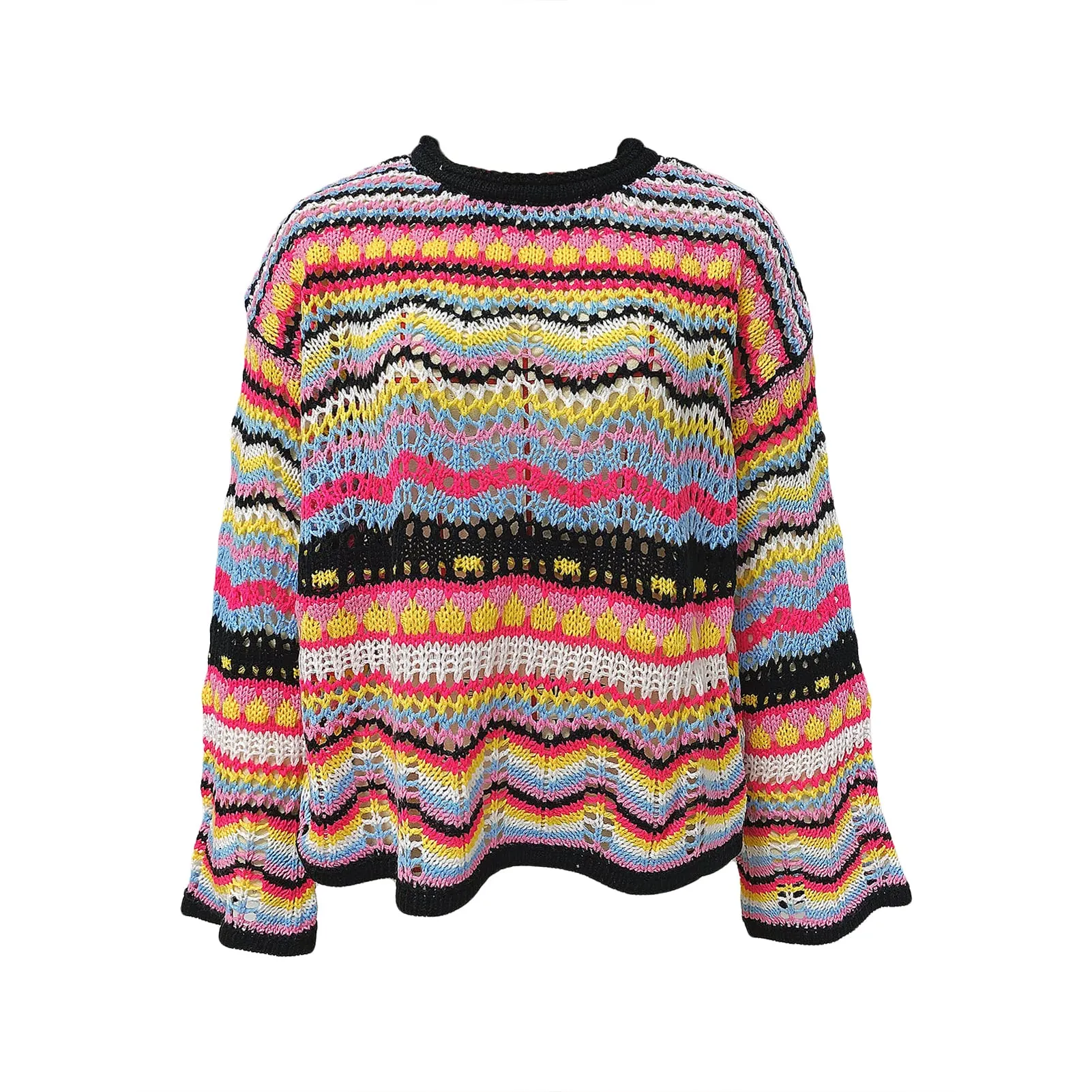 Women's Sweater Striped Panel Rainbow Cutout Loose Knit Pullover Top